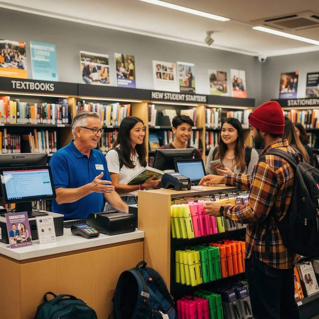 Ein Tisch mit Schulbedarf und Schreibwaren für Studenten in der Buchhandlung.