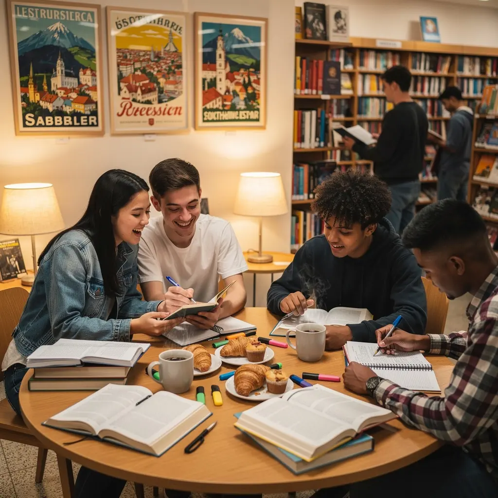 Regale voller Lehrbücher und Studienmaterialien in einer Universitätsbuchhandlung.