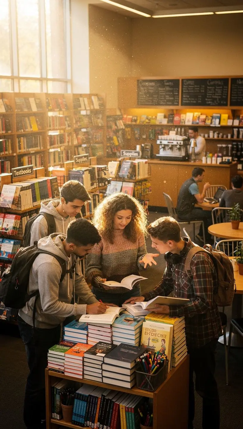 Ein Student, der in der Buchhandlung auf dem Campus Lehrbücher durchblättert.