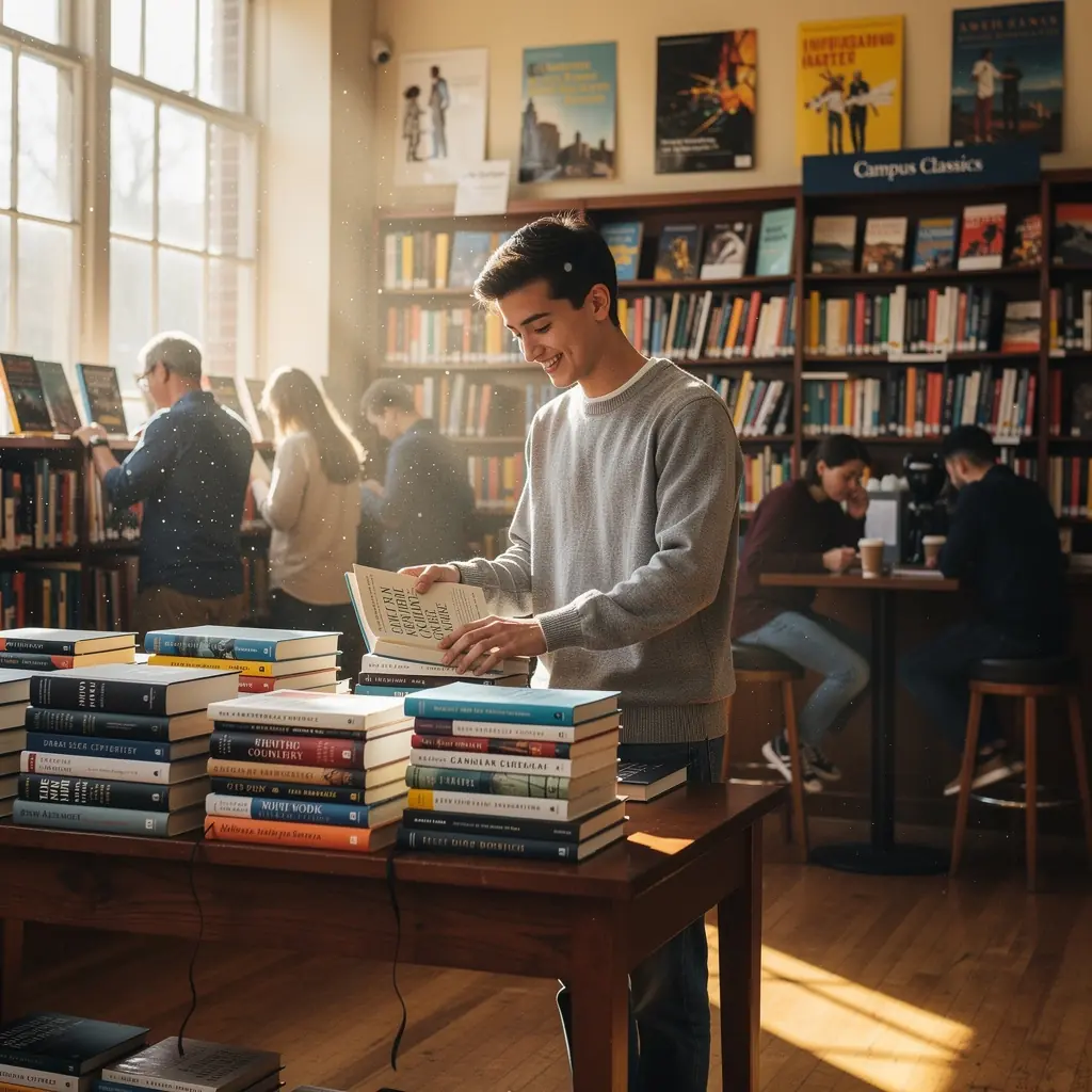 Ein Student, der Bücher in einer Universitätsbuchhandlung durchblättert.