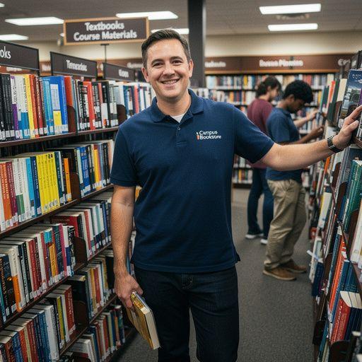 Ein Mitarbeiter, der einem Studenten beim Finden eines Lehrbuchs hilft.