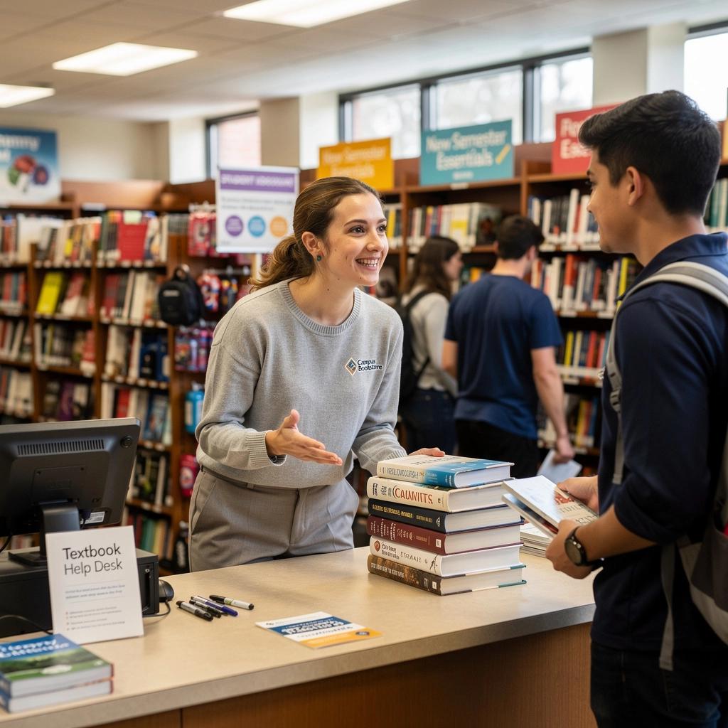Blick auf die Kasse mit einem Stapel von neuen Lehrbüchern.